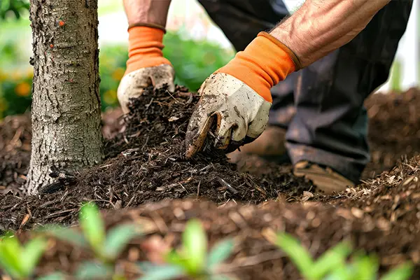 Männlicher Gärtner verteilt Mulch um einen Baumstamm